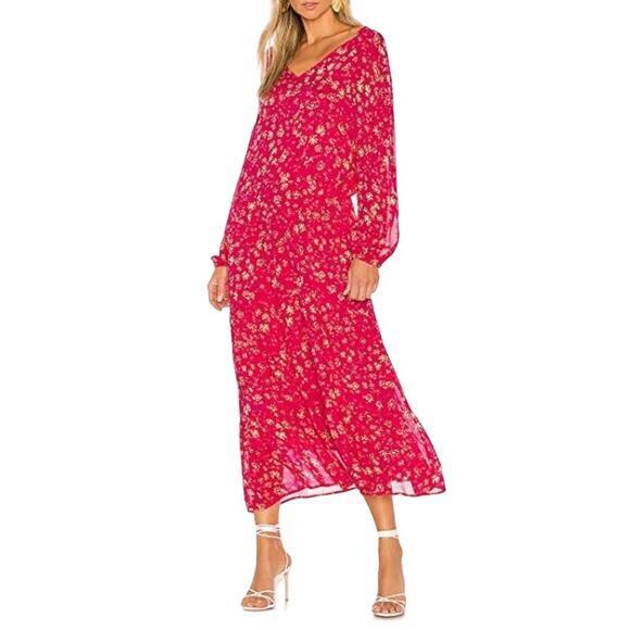 Free People Wallflower Maxi Dress Raspberry Combo V-Neck Long Sleeve NWT Small - Picture 1 of 9